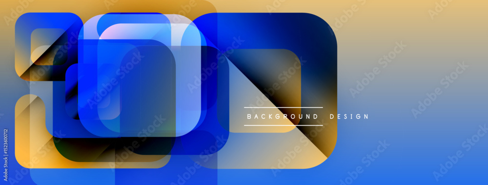 Poster abstract geometric shapes overlap. blue, gold gradients create modern design. minimal text indicates