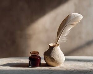 Wordsmith Day Vintage Feather Quill and Ink with Aged Parchment on Rustic Wood for National Poetry Month and Spring Earth Day Celebration