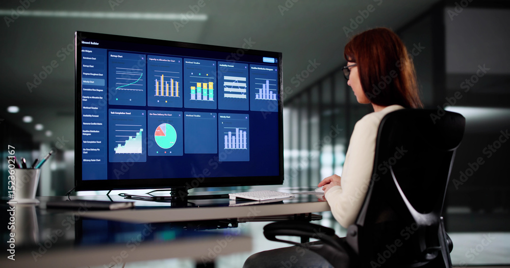 Poster female analyst using computer