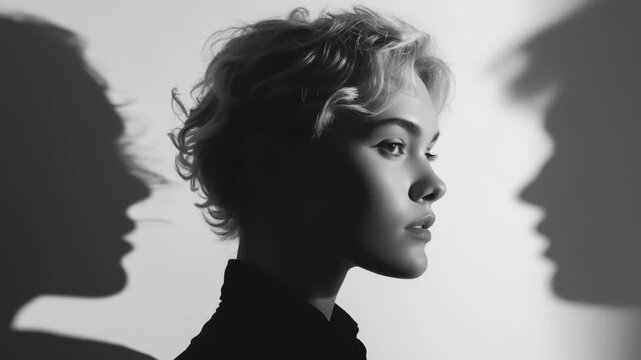 Profile of woman lit in dramatic side lighting as dual shadows of male and female faces converge behind her, symbolic chiaroscuro study. For transgender meme.