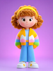 Fototapeta premium Full body cute girl in spring outfit, Children's Day 3D cartoon render