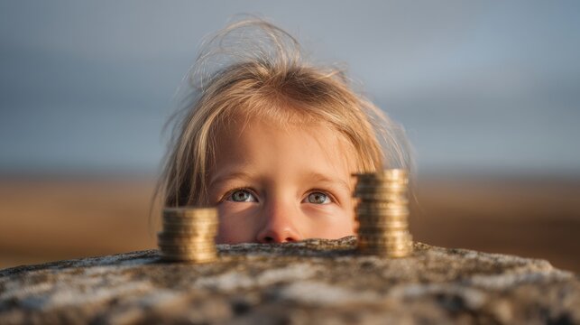 National Numeracy Day UK with Young Girl Exploring Stacked Coins and Banknotes - Spring Finance Learning and Earth Day Eco Awareness for Youth Savings - Powered by Adobe