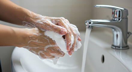 Fototapeta premium Close-up of Hands Washing with Soap and Water in Bathroom Sink