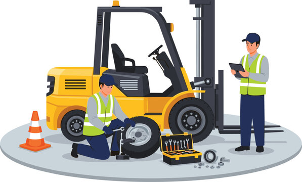Two industrial technicians repairing a forklift wheel with safety equipment and tools on isolated platform during routine warehouse maintenance