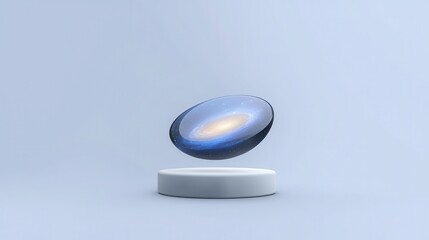 A galaxy image floats above a white circular pedestal on a minimalist light blue background.