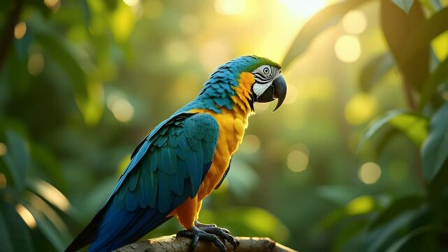 Colorful parrot in lush green forest