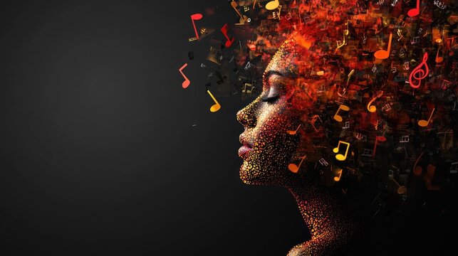 A profile view of a person with colorful musical notes.