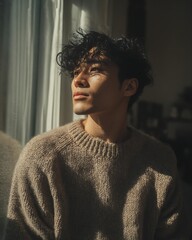 Young man near window with soft natural sunlight, clean clear face, cozy sweater, calm expression.