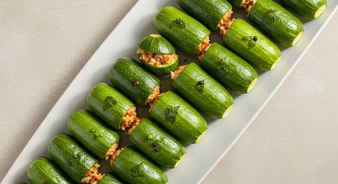a top down photo of Egyptian stuffed zucchini (Kousa Mahshi), aligning the zucchinis along a third line 1.