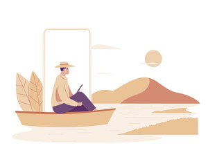 Serene Man in a Boat Using Digital Tablet in Nature With Stylish Minimalist Background