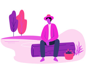 Man sitting on bench wearing hat with briefcase beside flat vector perfect for waiting or city park atmosphere