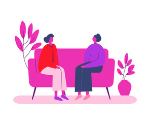 Two people having conversation on pink armchairs with indoor plants flat vector ideal for therapy or casual meeting themes