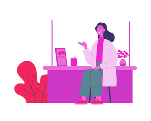 Woman sitting at desk pointing to screen with plants and cup flat vector ideal for remote work or digital workspace