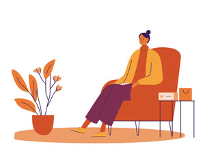 Woman sitting on chair with tissue box beside indoor plant flat vector ideal for therapy or personal care visuals