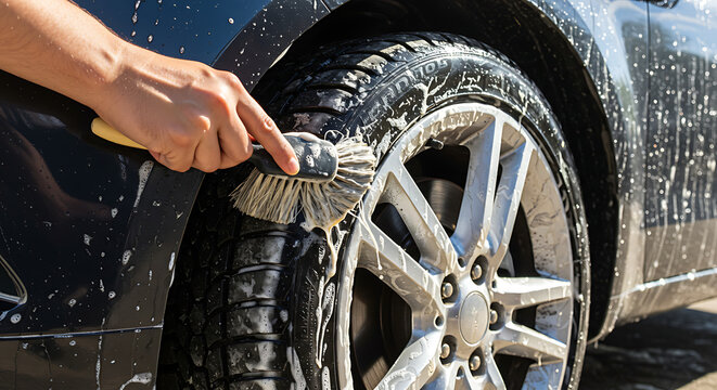 Close-up of Hand Washing Car Wheel with Brush and Soap