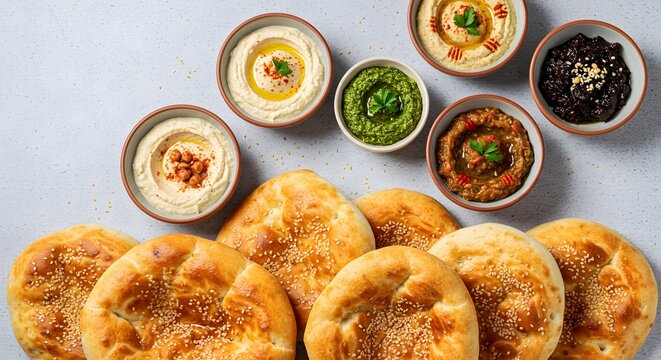 a flat lay of traditional Egyptian bread (Aish Baladi) with dips, aligning the bread along the bottom third 2