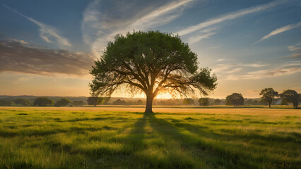Fototapeta premium Landscape painting of a vast grassy field at golden hour, with a single green tree standing tall in the middle, soft sunlight casting long shadows, and warm orange hues filling the sky.