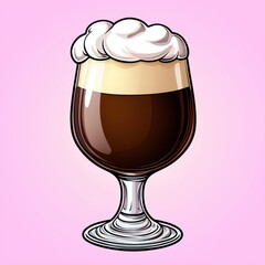 Dark brown beer with creamy white head in a stemmed glass against a light pink background. Pixel art style illustration