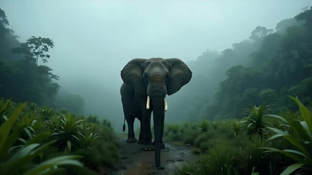 Majestic elephant walking through misty forest nature documentary