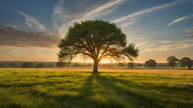 Landscape painting of a vast grassy field at golden hour, with a single green tree standing tall in the middle, soft sunlight casting long shadows, and warm orange hues filling the sky.