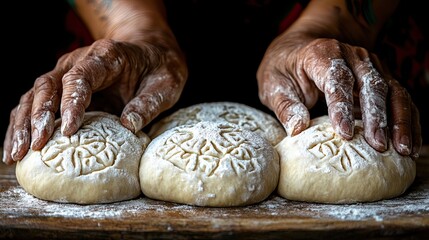 Hands shaping patterned bread dough.
