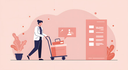 Data Migration Illustration: Woman Moving Files