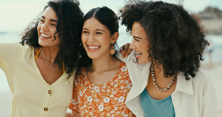 Fototapeta premium Smile, women and friends hug on beach for travel reunion, summer holiday and bonding together. Happy, people and laugh with embrace of ocean vacation, social gathering and sightseeing on getaway trip