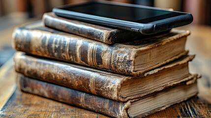 Old books with phone, and wooden table.