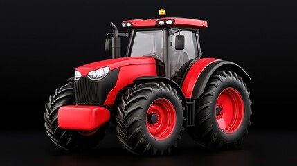 Obraz premium Red modern tractor on black background, powerful agricultural machinery, studio shot