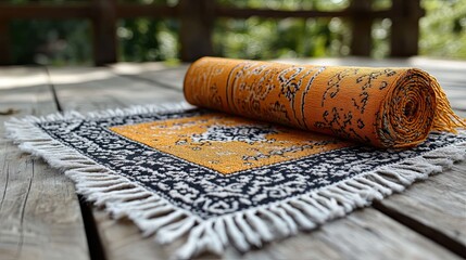 Rolled prayer mat with outdoor wood.