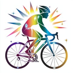Fototapeta premium Rainbow cyclist riding a road bike, vibrant colors, dynamic pose, burst of light effect, white background. Active, energetic, healthy lifestyle