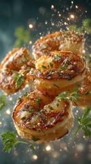 A close-up of beautifully cooked shrimp garnished with herbs, showcasing a crispy texture and a sprinkle of seasoning, set against a blurred background with sparkling effects.