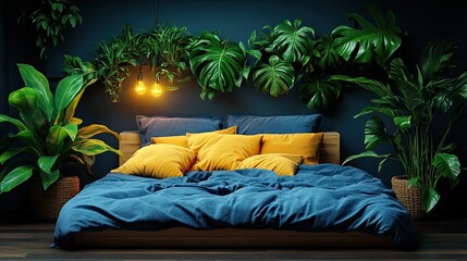 Tropical Bedroom with Blue Bedding, and Plants.