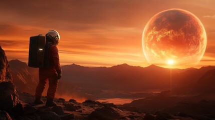 Astronaut stands on rocky terrain observing a glowing planet under a dramatic orange sunset sky in a futuristic landscape.