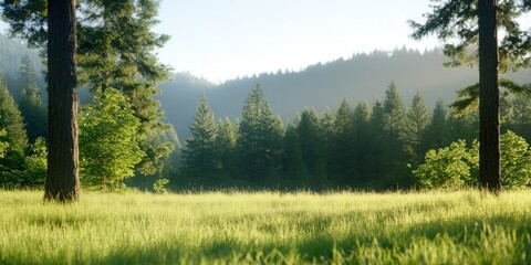 Fototapeta premium Green meadow landscape with trees and sunlight natural environment