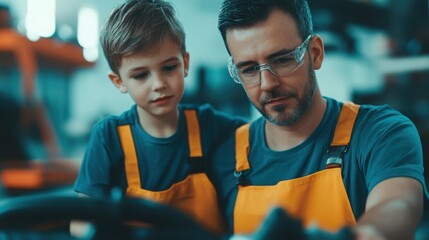 A father and son in matching work uniforms focus together on a hands-on project in a workshop.