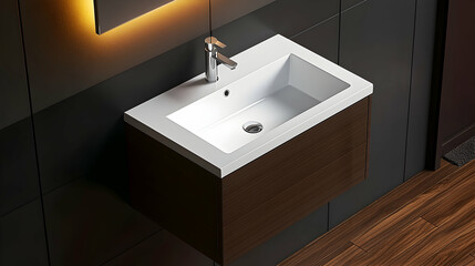 Fototapeta premium Modern White Ceramic Wall-Mounted Bathroom Sink With Dark Cabinet