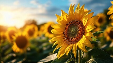 Obraz premium Bright sunflower blooming in a sunny field with blue sky, symbolizing nature, summer, and warmth in a vibrant outdoor setting.