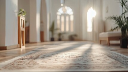 Obraz premium Interior view of a prayer space with sunlight filtering through windows.