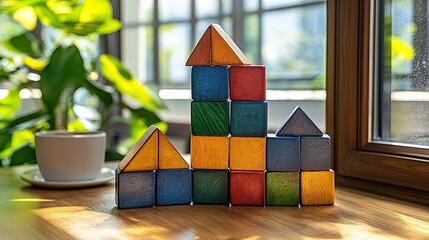 Colorful Wooden Blocks House Building.