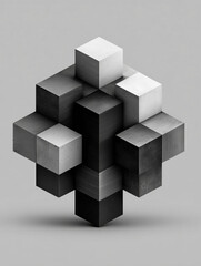 Obraz premium A complex arrangement of cubes in varying shades of gray and white against a gray background