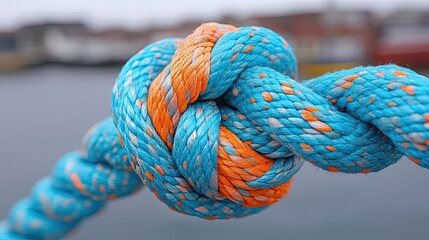 Blue orange rope knot with harbor blur.