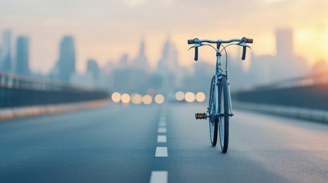 A bicycle stands alone on an empty city road at sunrise, with a blurred urban skyline in the background.