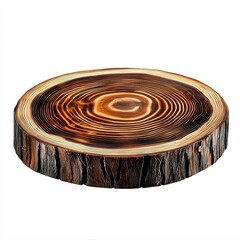 Rustic round wooden slice with dark brown and tan concentric rings, rough bark edge, isolated on white background