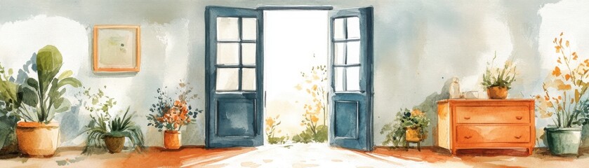 A cozy room with blue open doors, sunlight streaming in, indoor plants, and a wooden dresser, creating a bright and inviting atmosphere.