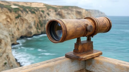 Wooden Telescope with Coastal View.