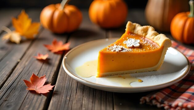 A slice of pumpkin pie rests on a plate, accompanied by pumpkins, reflecting a warm autumn atmosphere