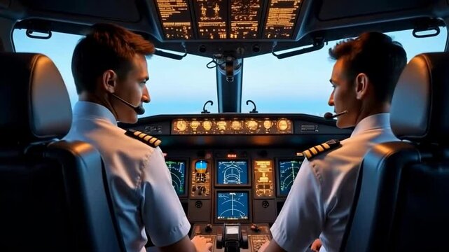 The image shows two pilots in a cockpit, engaged in conversation, with control panels and screens illuminated in the background.