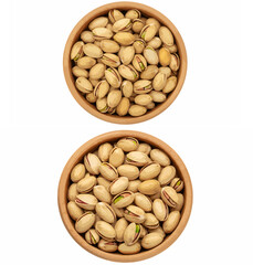 Bowls of Roasted Salted Pistachios / Top View of Whole Pistachios in Shells