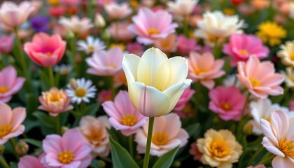Fototapeta premium pastel palette with soft blending and a prominent white tulip in a sea of colored flowers.